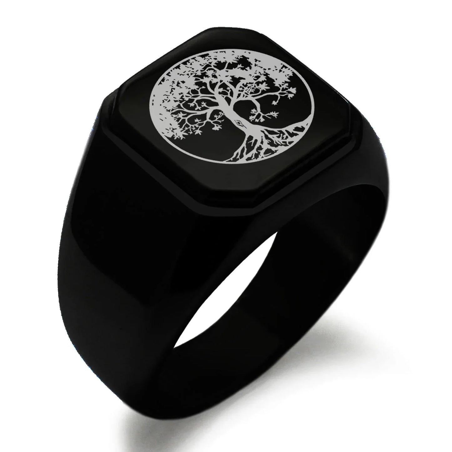 Stainless Steel Tree of Life Engraved Square Flat Top Biker Style Polished Signet Ring