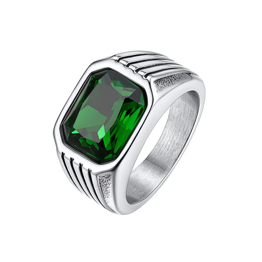 Bestyle Stainless Steel Rings for Men Large Green Emerald Signet Ring