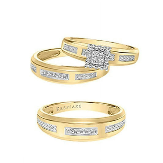 Diamond-Accent 10KT Yellow Gold Women's and Men's Halo "Ivy" Trio Bridal Ring Set