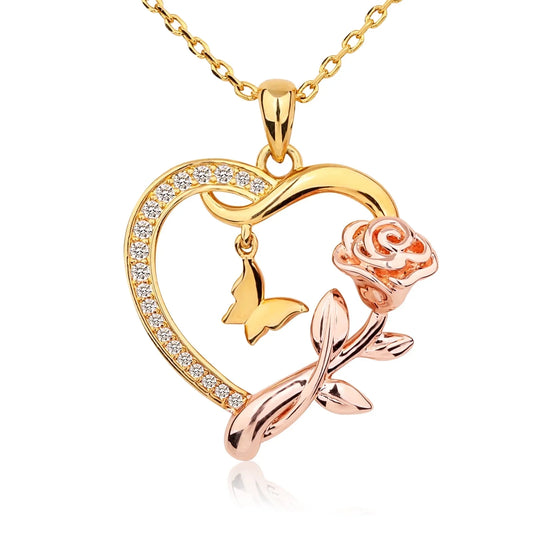Heart Necklace for Women 14k Gold Plated CZ Romantic Rose and Butterfly Jewelry Gift for Women Birthday Valentine's Day