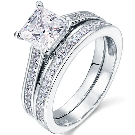 JeenMata 1.50 Carat Princess Cut Moissanite Wedding Set - Bridal Set - Channel Set Ring - Handmade Ring - 18k White Gold Over Silver