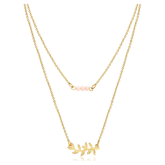 Time and Tru Women's Gold Tone Delicate Duo Layered Peach Glass Bead and Leaf Necklaces.