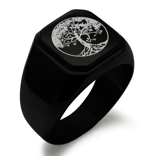 Stainless Steel Tree of Life Engraved Square Flat Top Biker Style Polished Signet Ring