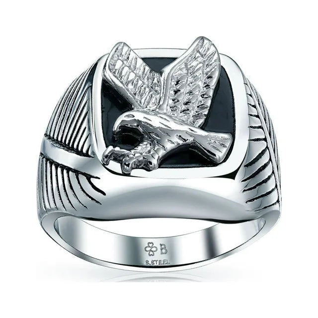 Bling Jewelry Mens Mens Stainless Steel Large Square Black Patriotic Eagle Signet Ring Silver Tone