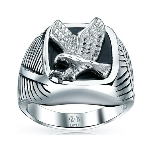 Bling Jewelry Mens Mens Stainless Steel Large Square Black Patriotic Eagle Signet Ring Silver Tone