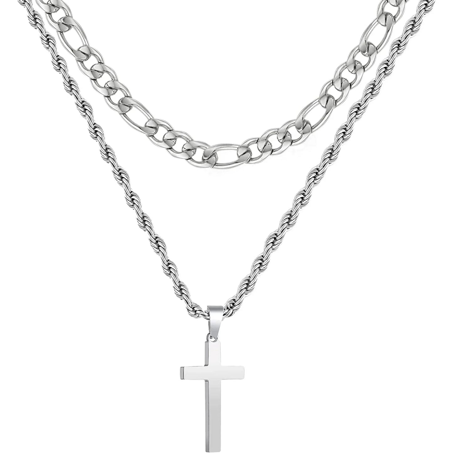 Men Stainless Steel Layered Figaro Twist Rope Chains