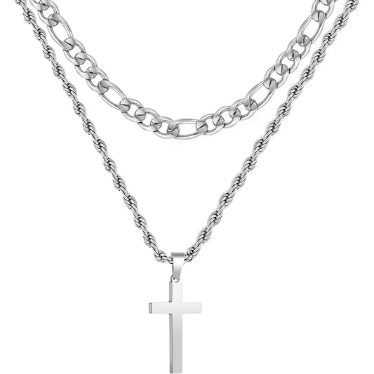Men Stainless Steel Layered Figaro Twist Rope Chains