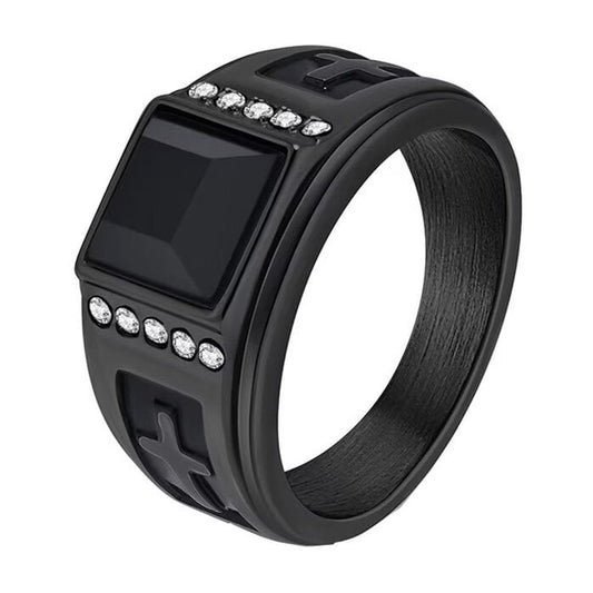 HIJONES Men's Stainless Steel Black Square Gemstone Silver Zirconia Signet Ring