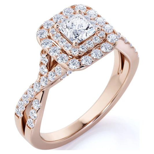 1 Carat Princess Cut Moissanite Engagement Ring - Bridal Set - Double Halo Ring - Cluster Ring - 18k Rose Gold Over Silver