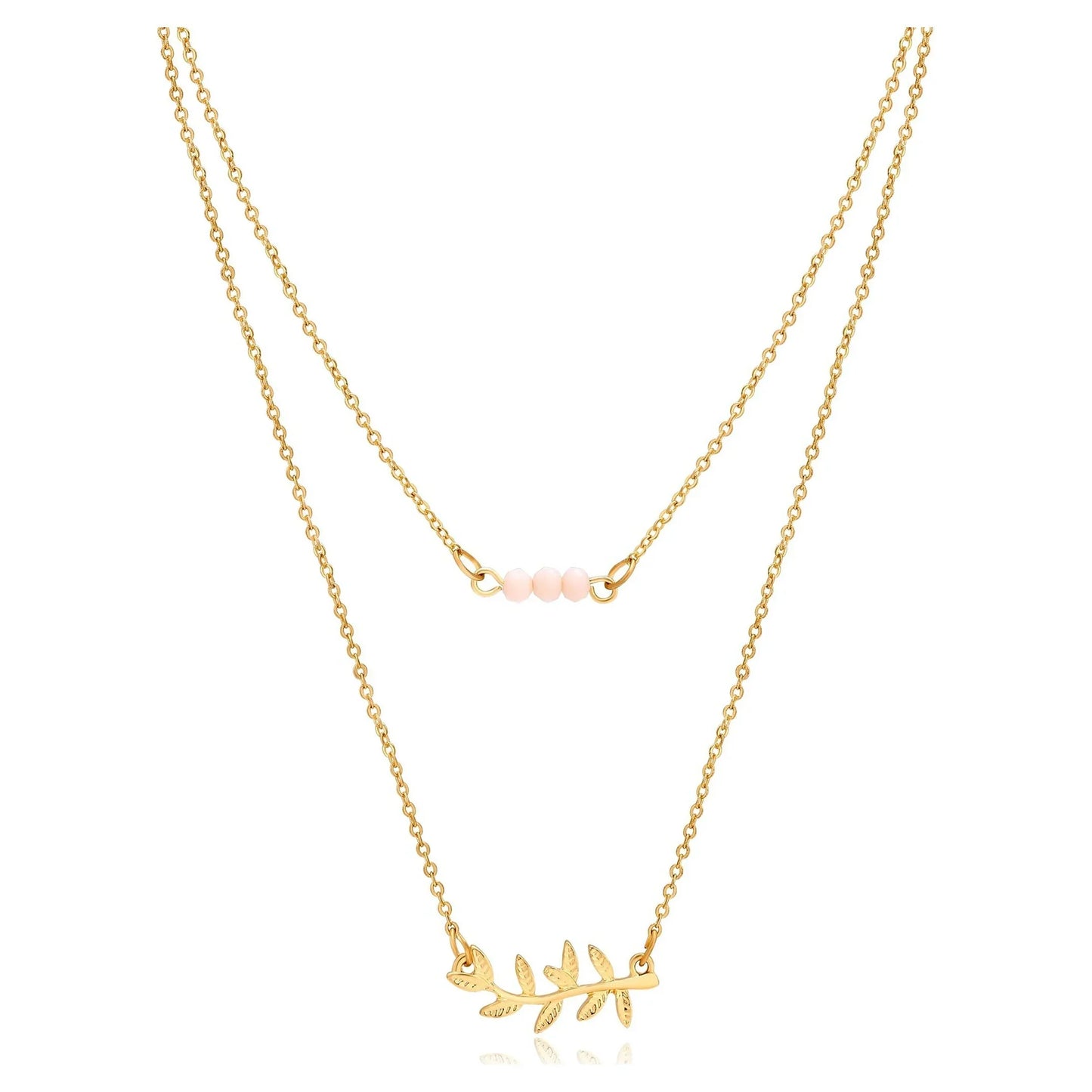Time and Tru Women's Gold Tone Delicate Duo Layered Peach Glass Bead and Leaf Necklaces.