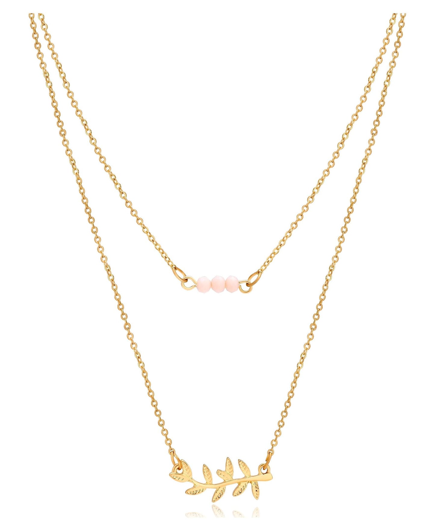 Time and Tru Women's Gold Tone Delicate Duo Layered Peach Glass Bead and Leaf Necklaces.
