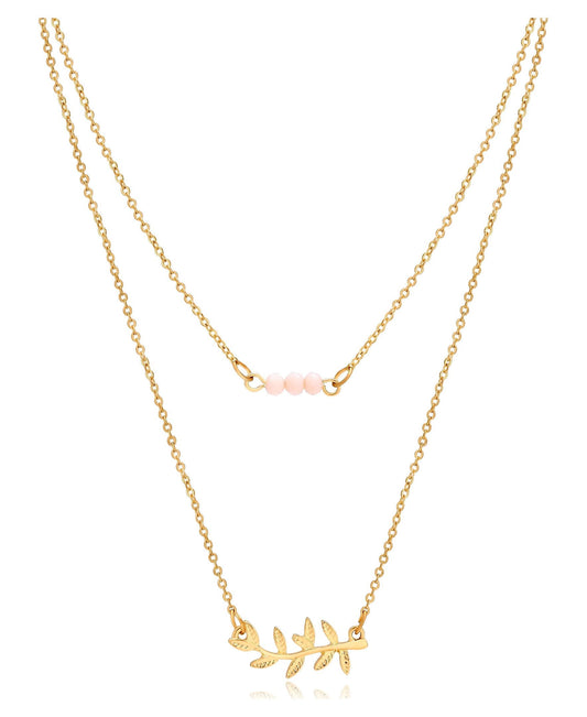 Time and Tru Women's Gold Tone Delicate Duo Layered Peach Glass Bead and Leaf Necklaces.
